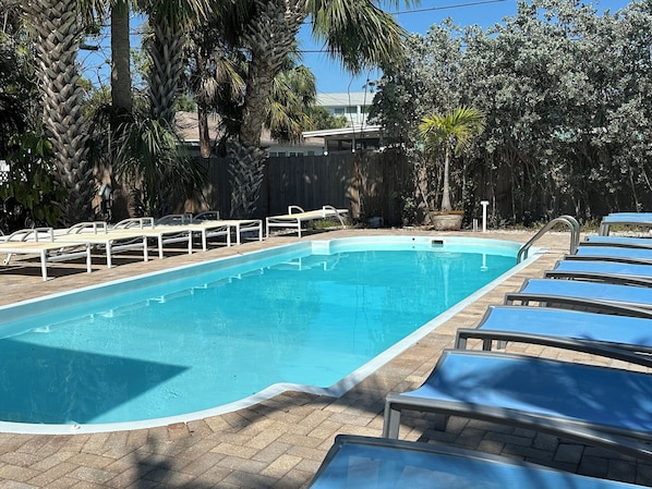Una piscina rectangular con borde de azulejos, rodeada de sillones de descanso y palmeras.