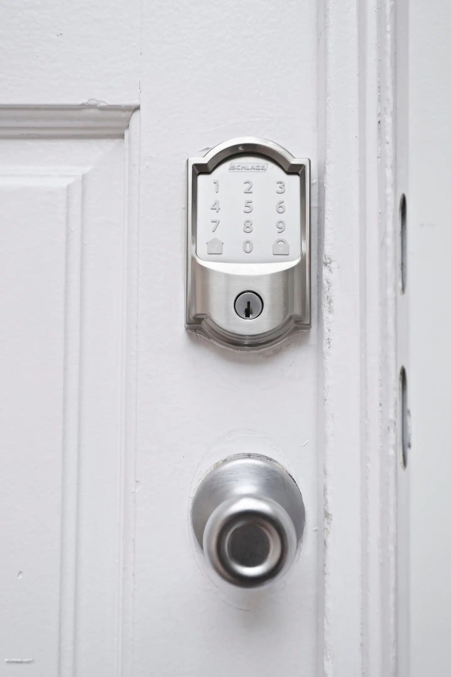 A door with a numeric keypad lock and a keyhole below it.