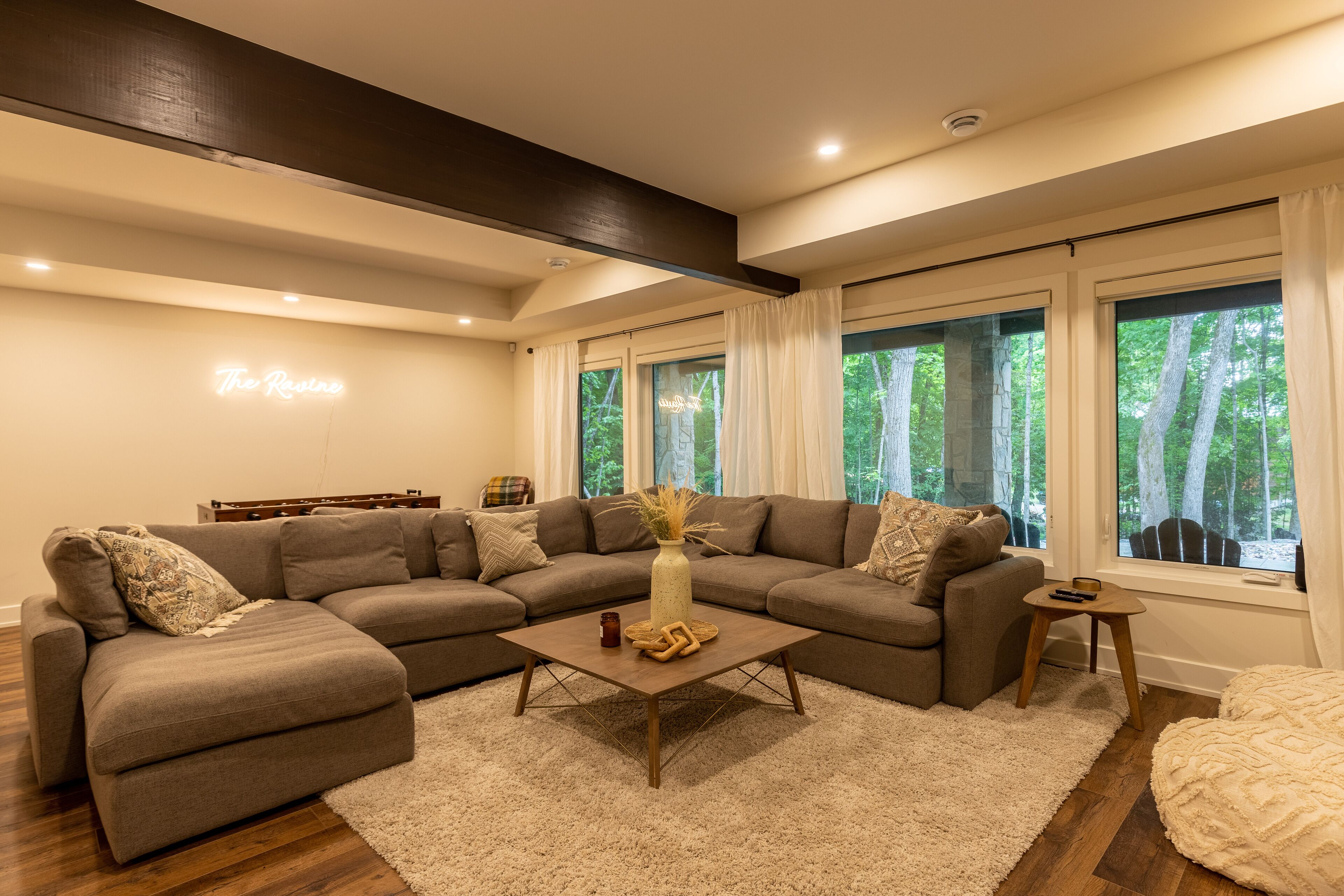 Smart TV, chimenea, futbolito y libros 