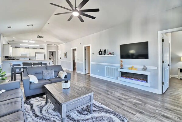 Smart TV, fireplace, books