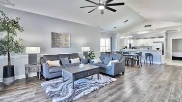 Smart TV, fireplace, books