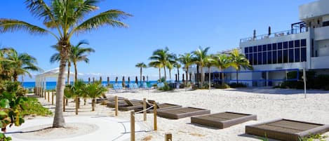 Un hotel frente a la playa con un paseo marítimo de arena, palmeras y un edificio moderno con amplios ventanales.