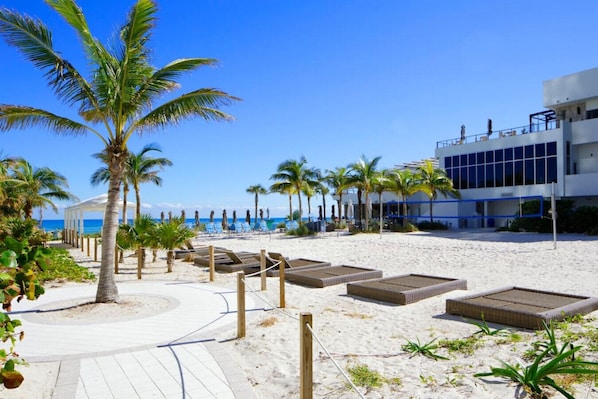 A beachside hotel with a sandy walkway, palm trees, and a modern building with large windows.