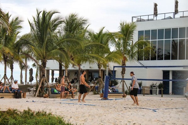 A beach volleyball court with palm trees and a building in the background.