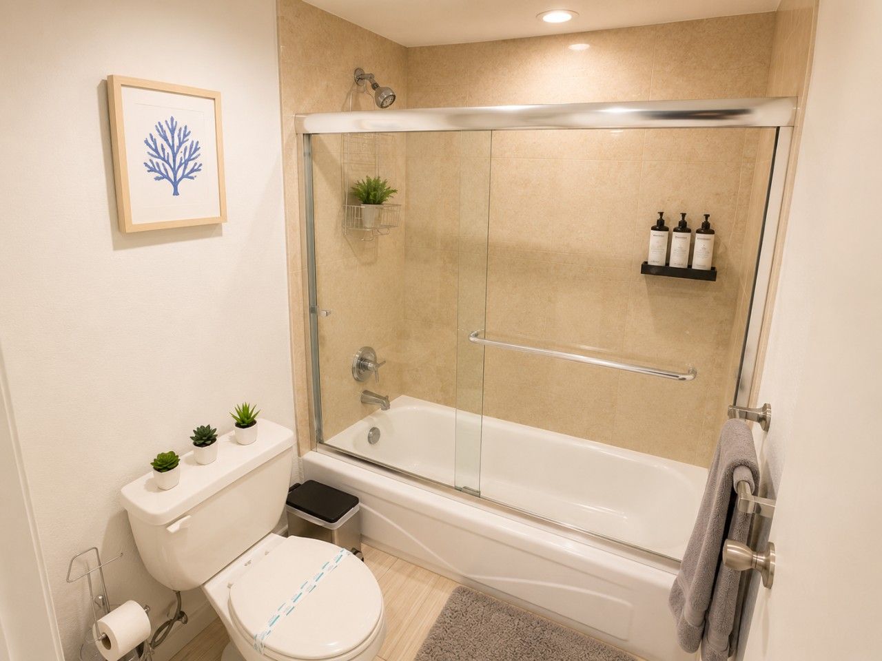 A modern bathroom with a glass-enclosed shower, a toilet, and a sink.