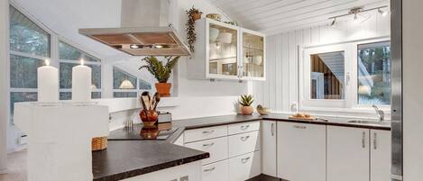 Fridge, stovetop, dishwasher, coffee/tea maker