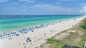 A beach with rows of blue umbrellas and beach chairs, a sandy shore, and the ocean.