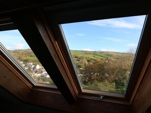 A skylight with a view of a green landscape and buildings below.