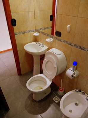 Dusj, hårføner, håndklær og toalettpapir