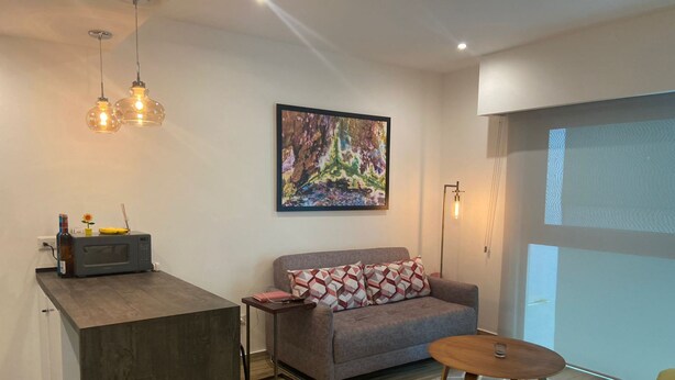 50-inch flat-screen TV with cable channels, TV - Cozy 5th Avenue Apartment with roof pool By 369 (Playa del Carmen)