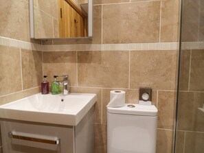 A bathroom with a white sink, two soap dispensers, a toilet, and a mirror above the sink.