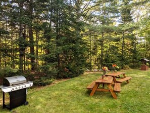 A backyard with a barbecue grill and picnic tables. - Charming Guest House & King Suite - Twin Mountain River Retreat (Carroll)