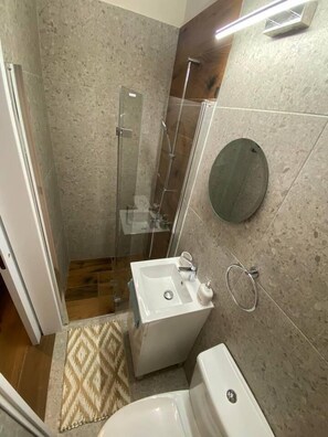 A compact bathroom with a shower, sink, toilet, and a mirror. - Theplatresnest Lovely 3-bed House in Pano Platres (Platres)
