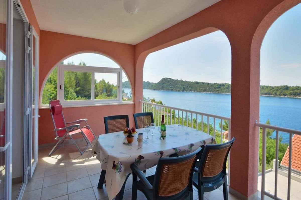A covered patio with a table set for two, overlooking a lake and hills.