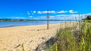 Ein Strand mit einem Wegweiser, wolkenlosem, blauem Himmel und ruhigem Wasser.