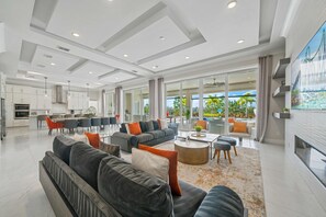 TV, fireplace, video games, foosball