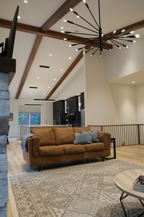 Smart TV, fireplace, table football, books