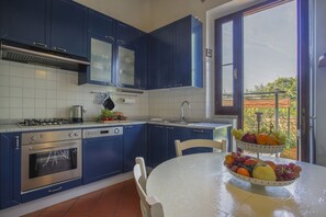Fridge, stovetop, dishwasher, coffee/tea maker