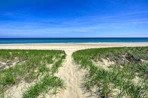 A beach with a clear path leading to the water, surrounded by green vegetation.