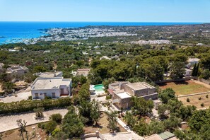 Vista aérea de uma área residencial com casas, piscina e vista para o mar.