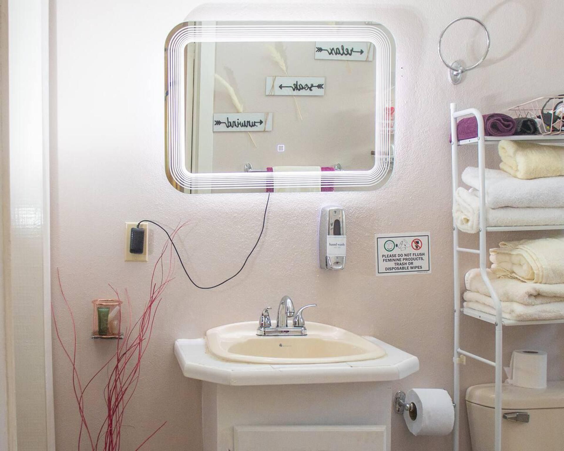 Un baño con lavamanos, espejo, toallero y un letrero que prohíbe arrojar productos femeninos al inodoro.