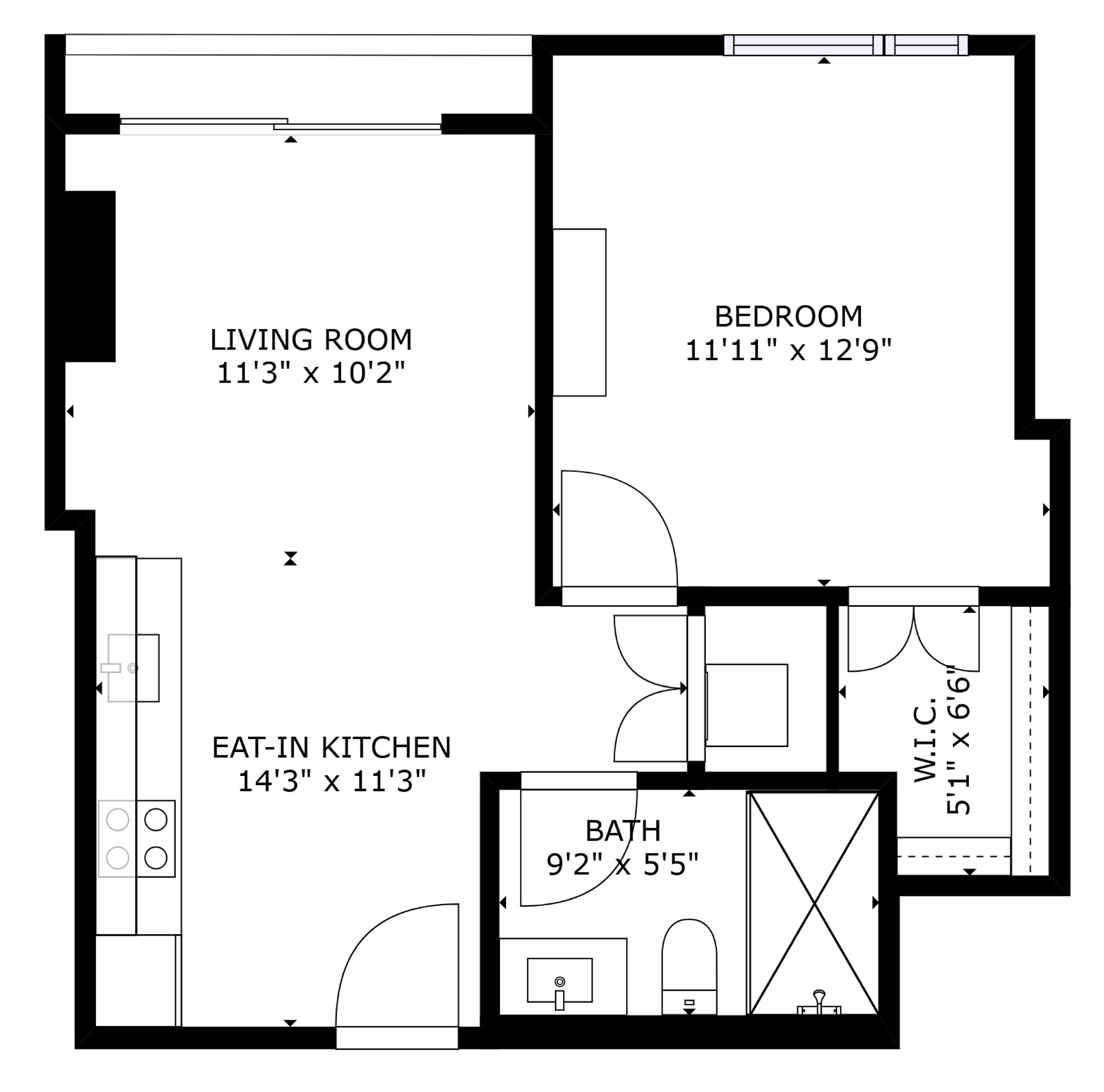 Een plattegrond met een woonkamer, slaapkamer, keuken met eethoek en badkamer.