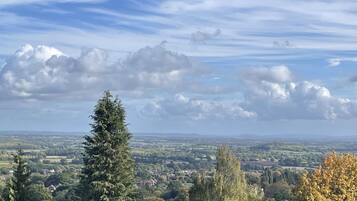 A panoramic view of a town with a prominent tree in the foreground and a clear sky with scattered clouds.