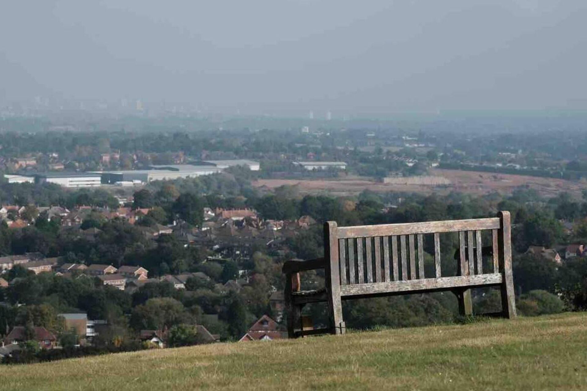 Un banc donnant sur un quartier résidentiel, avec des maisons et de la verdure.