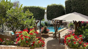 Et poolområde med pergola, siddepladser og prydplanter.
