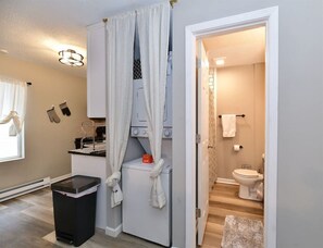 Hair dryer, towels, soap, toilet paper