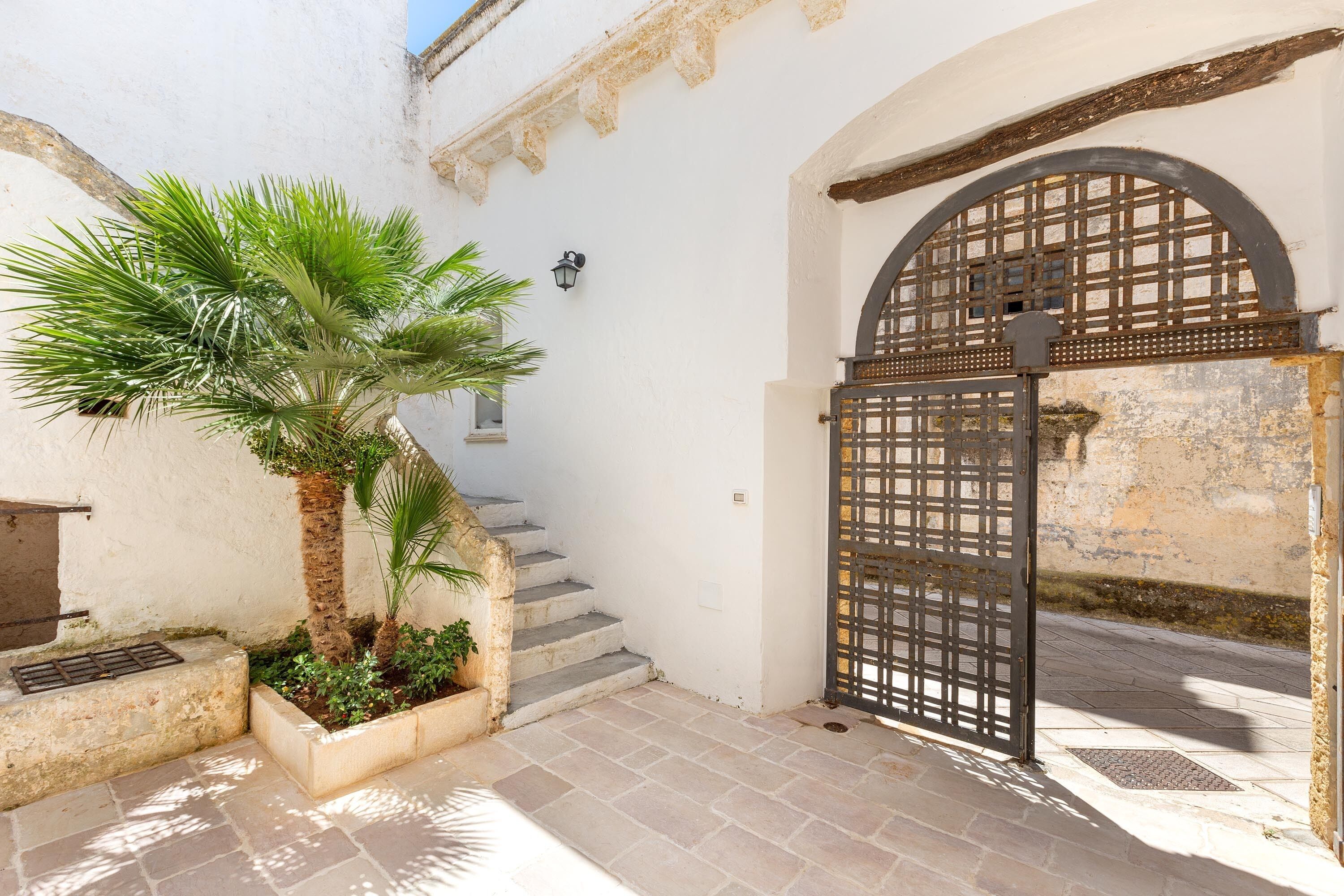 A courtyard with a palm tree, a gate, and a staircase leading to an upper level.