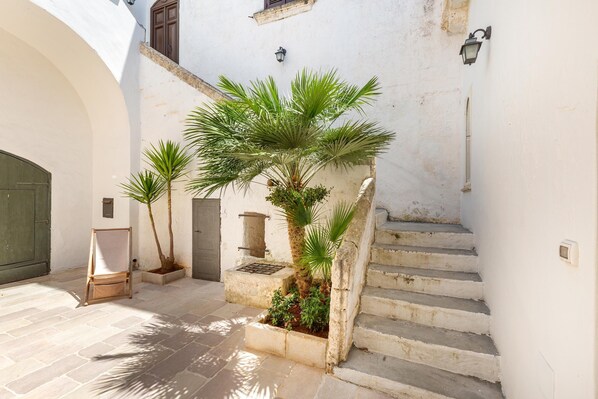 Un patio con escaleras, una silla de madera y plantas en macetas.