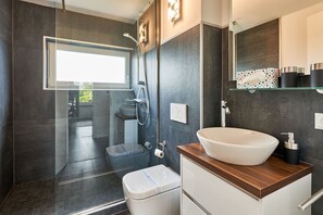 Shower, hair dryer, towels, soap