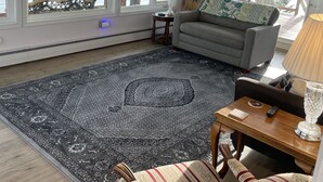 Een woonkamer met een groot raam, een grijze bank, een vloerkleed met een patroon en een houten salontafel.