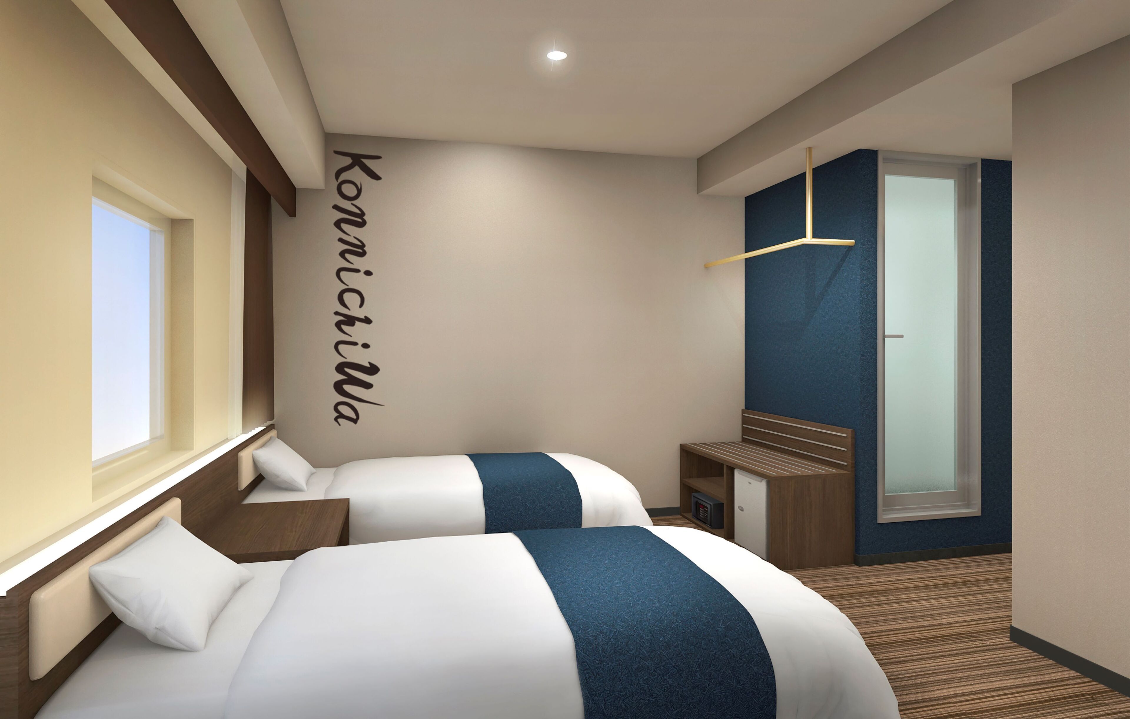 A modern hotel room with two beds, a small desk, a wardrobe, and a large window.