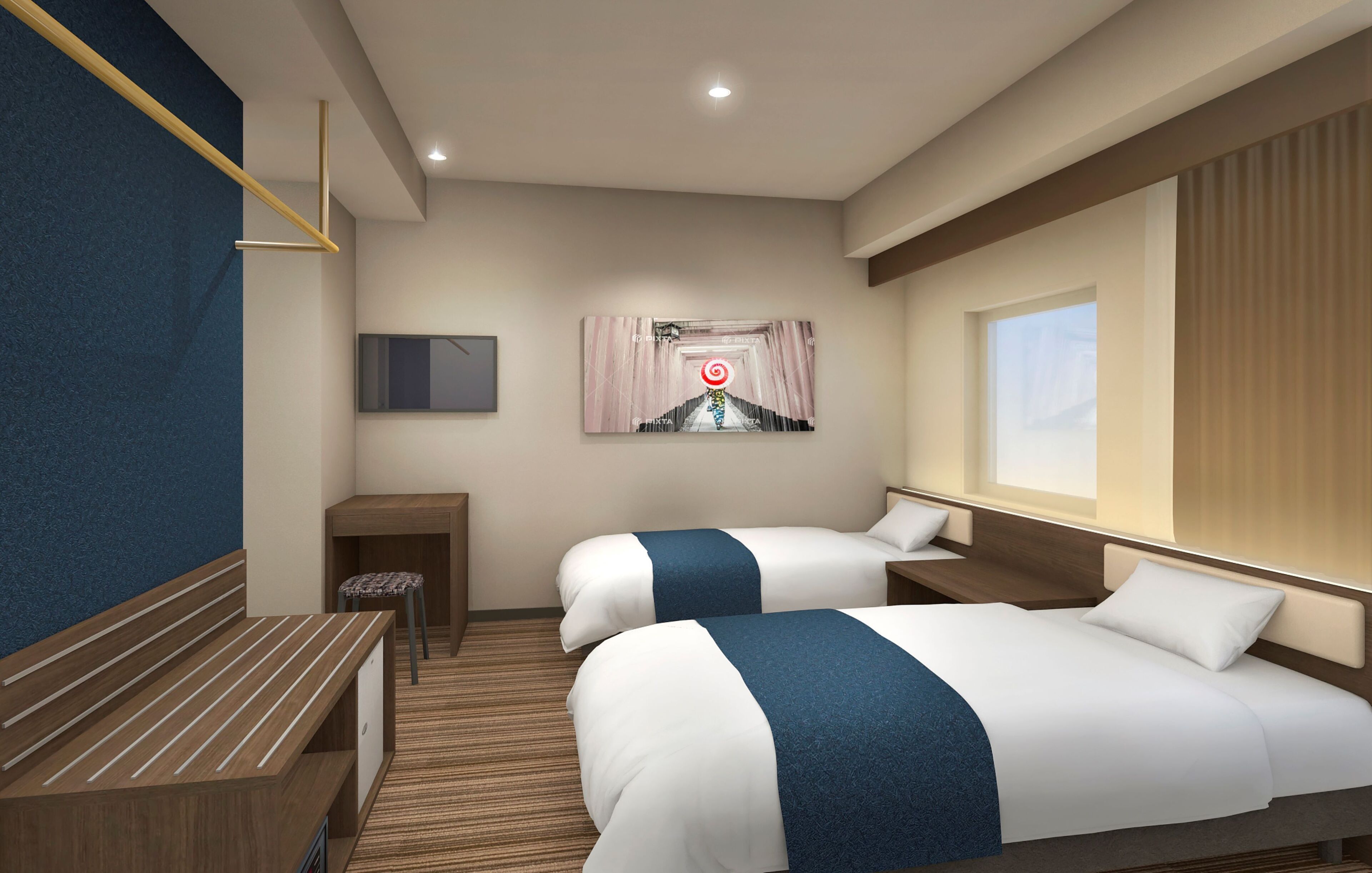 A hotel room with two beds, a desk, a TV, and a window.