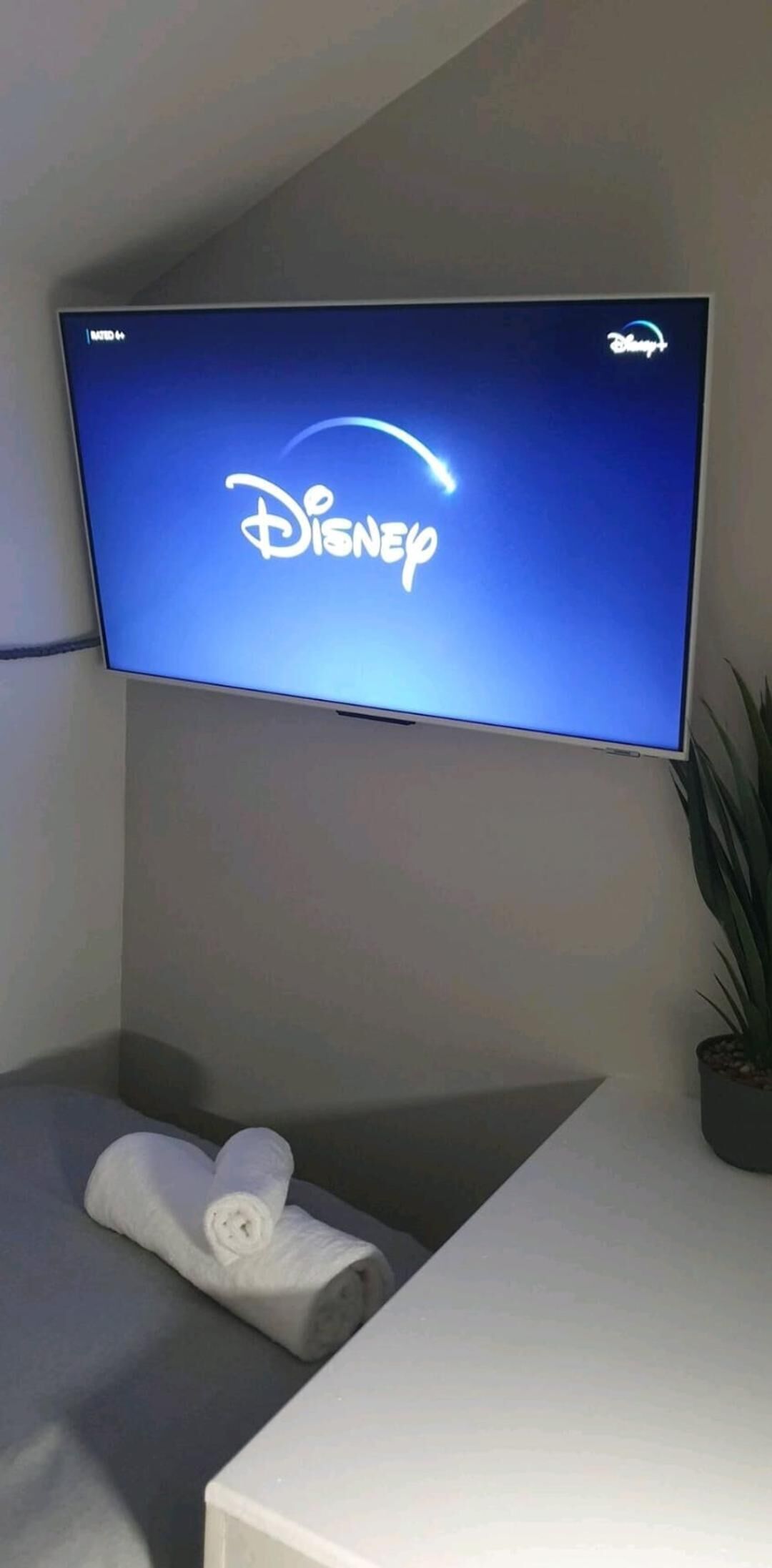 A television mounted on a wall displaying the Disney logo.