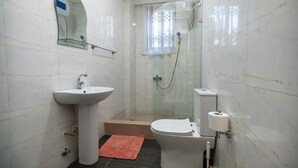 A bathroom with a sink, toilet, shower, and a mirror. - Executive Large Room With Ensuite (Accra)