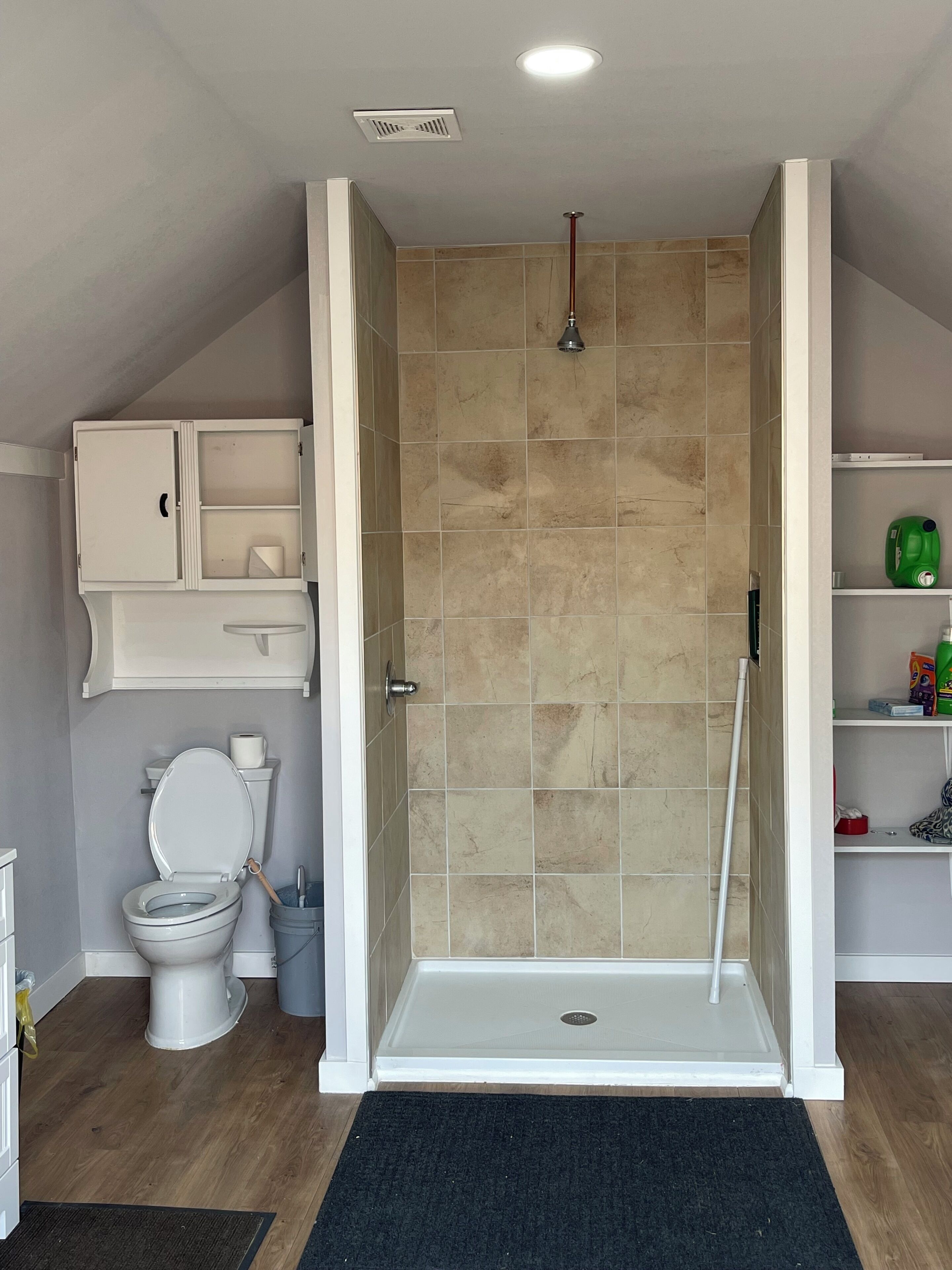 A bathroom with a shower, toilet, and storage cabinets.