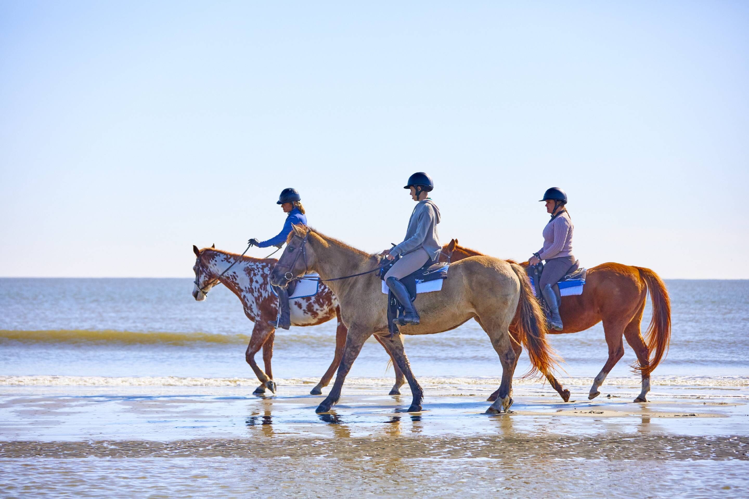 Tres personas montando caballos en una playa, con el océano al fondo.