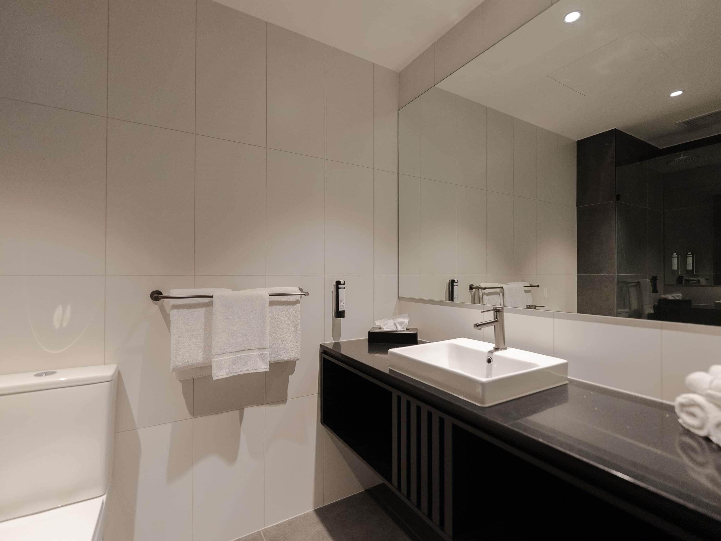 Une salle de bain moderne avec des toilettes blanches, un grand miroir, un plan de toilette noir et un lavabo blanc.