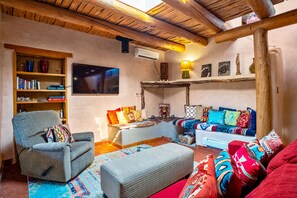 Smart TV, fireplace, books