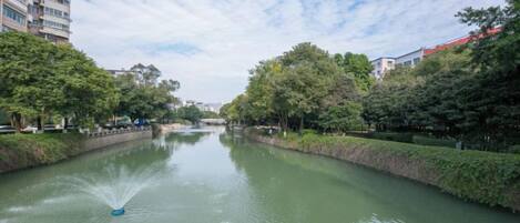 A calm river with a fountain in the center, surrounded by trees and buildings.