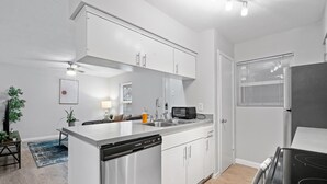 A modern kitchen with white cabinetry, a built-in dishwasher, a microwave, and a stove.