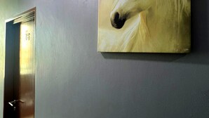 Un pasillo con una puerta marcada con el número 16 y un cuadro de un caballo blanco en la pared.