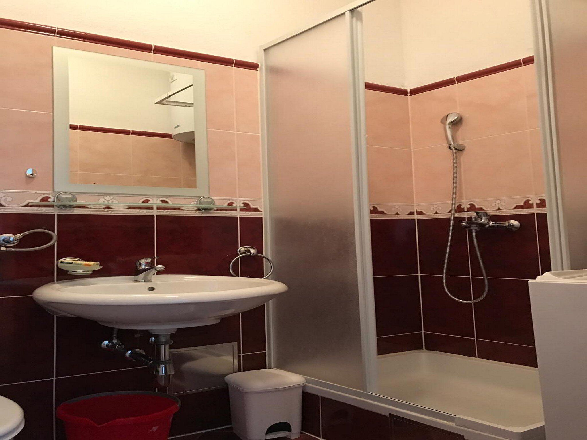 Un baño con lavamanos, espejo, ducha e inodoro.