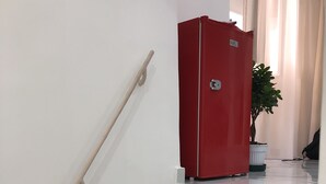Una escalera con escalones de mármol, un armario rojo y una planta en maceta.