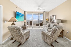 Signature Condo, 2 Bedrooms, Balcony, Ocean View | Living room | 42-inch flat-screen TV with cable channels, TV - Beach Club 708D (Gulf Shores)