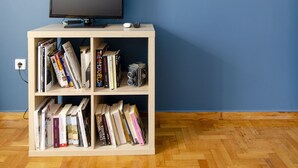 Una habitación con una televisión sobre un soporte de madera, una estantería llena de libros y un cuadro en la pared.