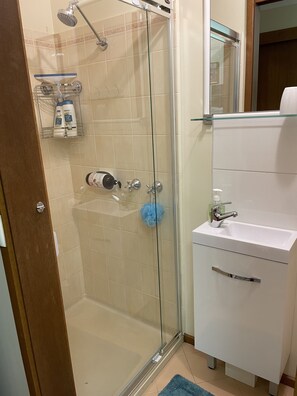 Shower, eco-friendly toiletries, hair dryer, towels